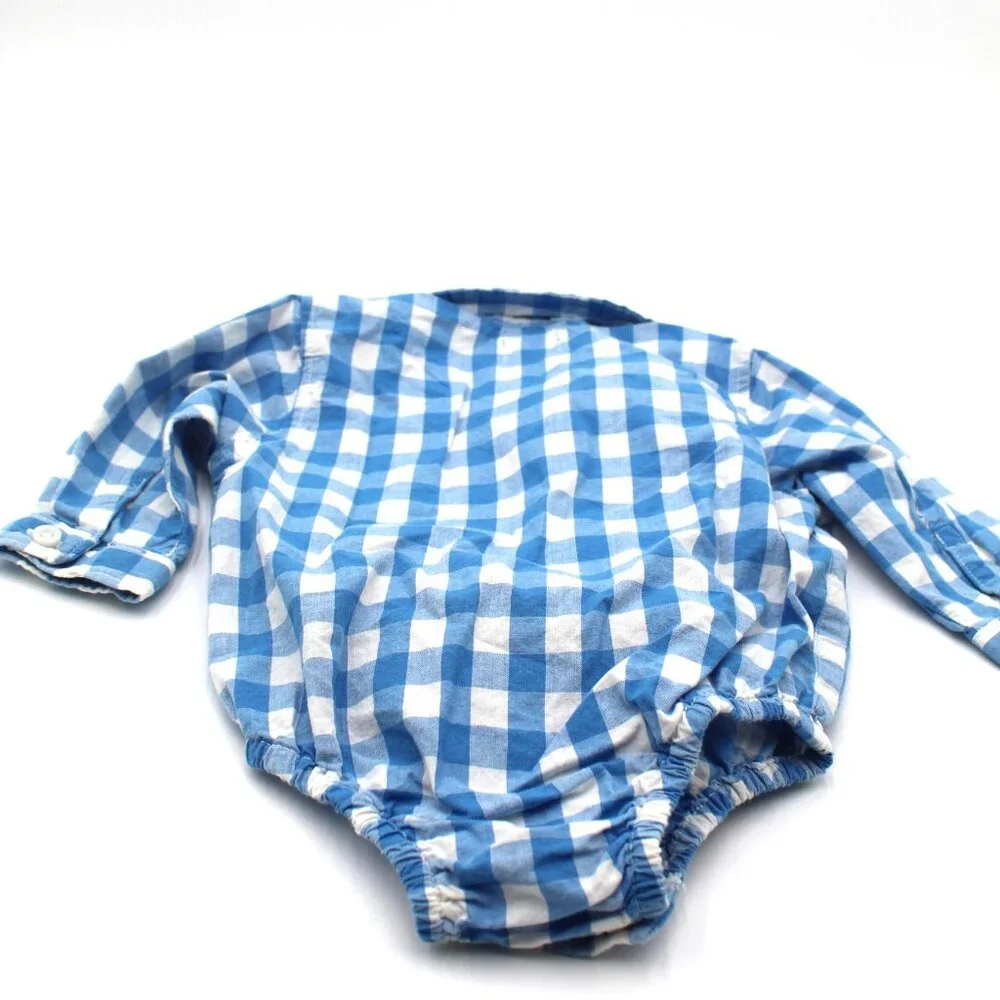 THE CHILDREN'S PLACE Baby Boy's Long Sleeve Blue Plaid Button Down Romper 3-6 M